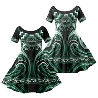 Aotearoa Whakatohea Personalised Family Matching Off Shoulder Short Dress and Hawaiian Shirt Maori Iwi Poutama Puhoro Tattoo LT14 Daughter's Dress Green - Polynesian Pride