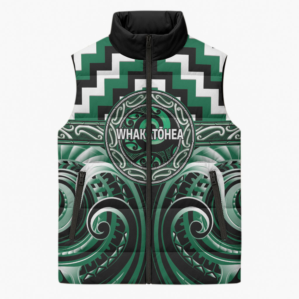 Aotearoa Whakatohea Personalised Sleeveless Puffer Jacket Maori Iwi Poutama Puhoro Tattoo LT14 Unisex Green - Polynesian Pride