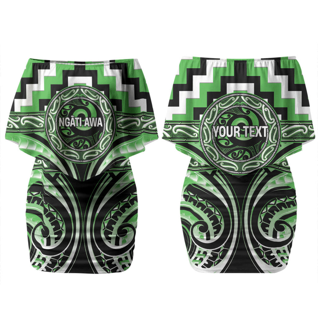 Aotearoa Ngati Awa Personalised Family Matching Off Shoulder Short Dress and Hawaiian Shirt Maori Iwi Poutama Puhoro Tattoo LT14 Mom's Dress Green - Polynesian Pride