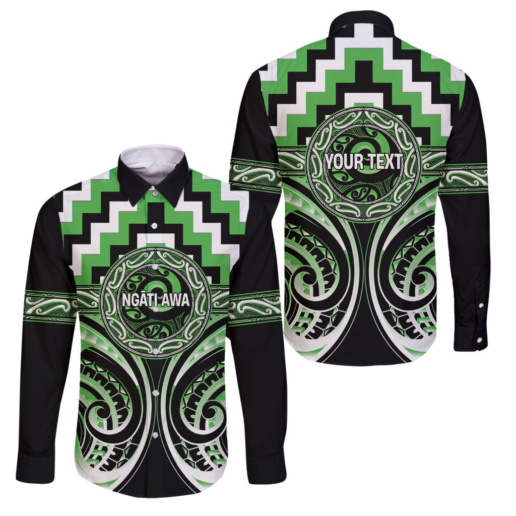 Aotearoa Ngati Awa Personalised Family Matching Puletasi and Hawaiian Shirt Maori Iwi Poutama Puhoro Tattoo LT14 Dad's Shirt - Long Sleeve Green - Polynesian Pride