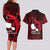 French Polynesia Tahiti Couples Matching Long Sleeve Bodycon Dress and Hawaiian Shirt Polynesian Shark Tattoo With Hibiscus Red Version LT14 - Polynesian Pride