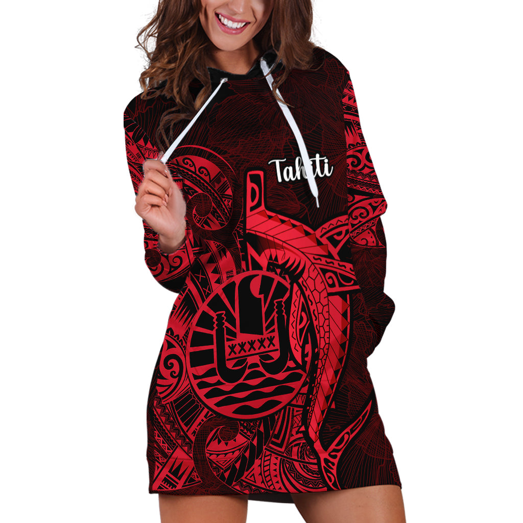 French Polynesia Tahiti Hoodie Dress Polynesian Shark Tattoo With Hibiscus Red Version LT14 Red - Polynesian Pride