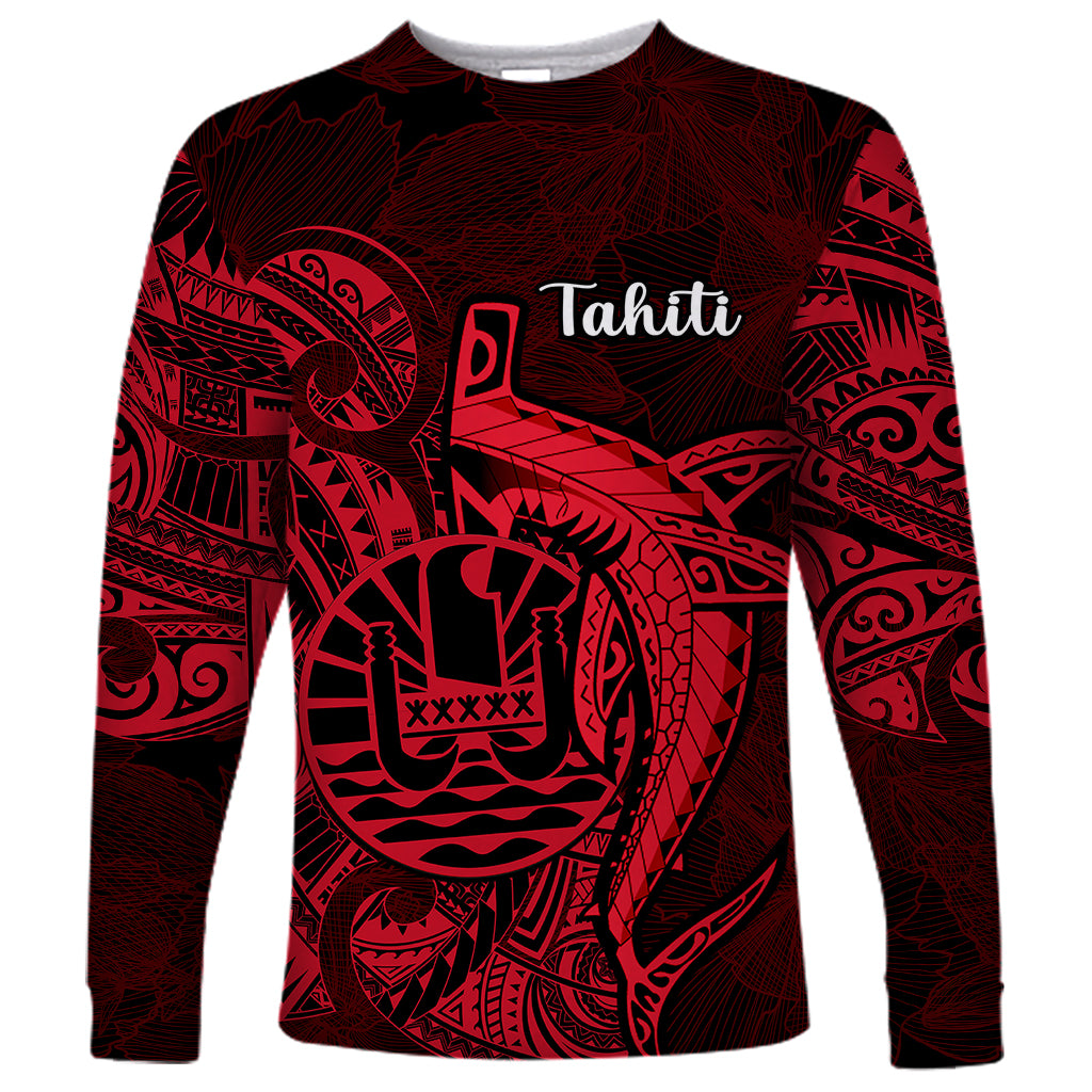 French Polynesia Tahiti Long Sleeve Shirt Polynesian Shark Tattoo With Hibiscus Red Version LT14 Unisex Red - Polynesian Pride