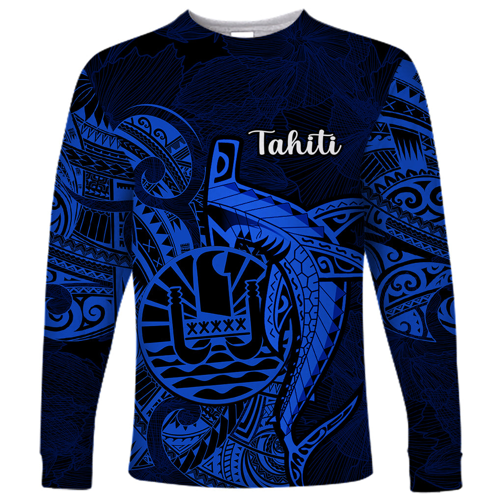 French Polynesia Tahiti Long Sleeve Shirt Polynesian Shark Tattoo With Hibiscus Blue Version LT14 Unisex Blue - Polynesian Pride