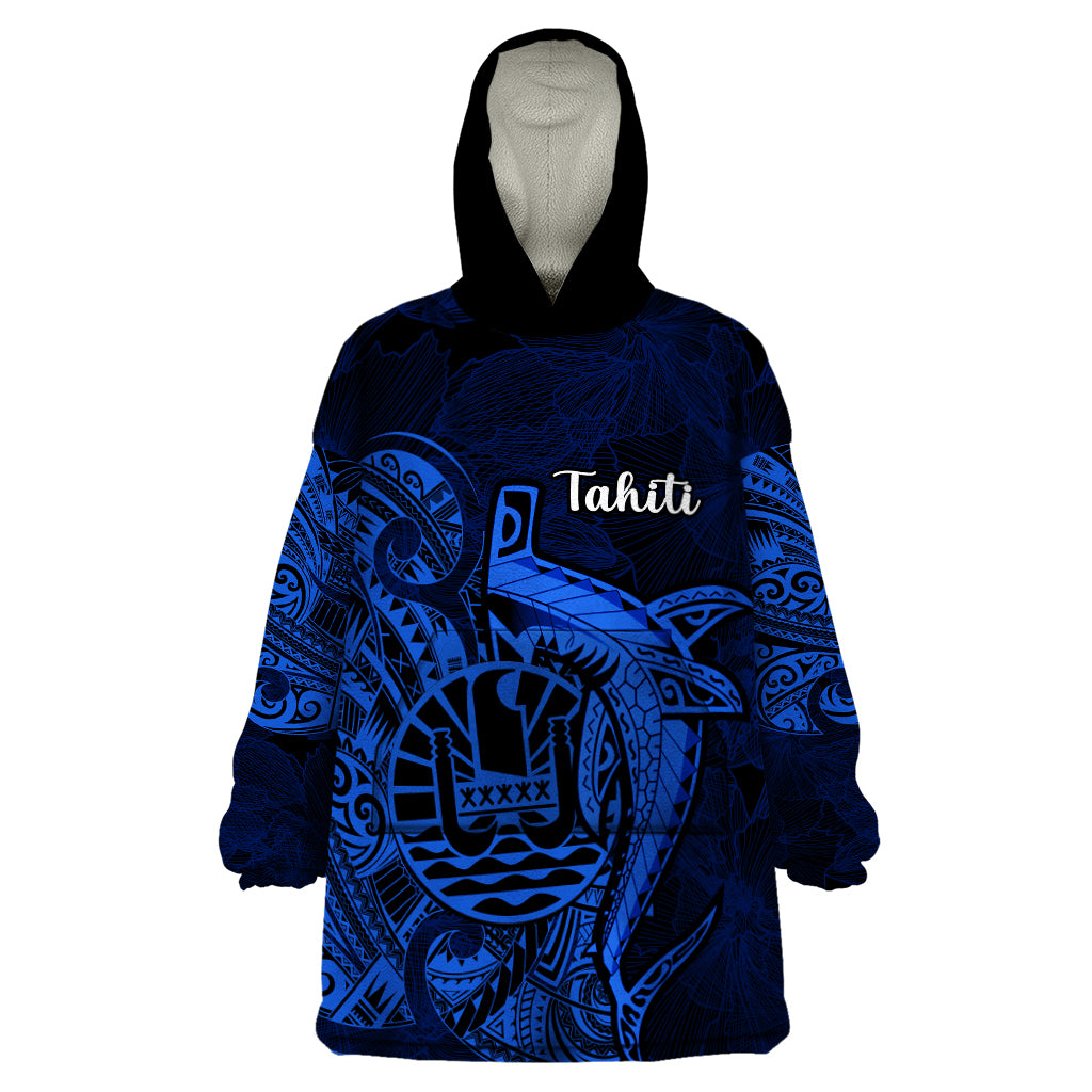 French Polynesia Tahiti Wearable Blanket Hoodie Polynesian Shark Tattoo With Hibiscus Blue Version LT14 One Size Blue - Polynesian Pride