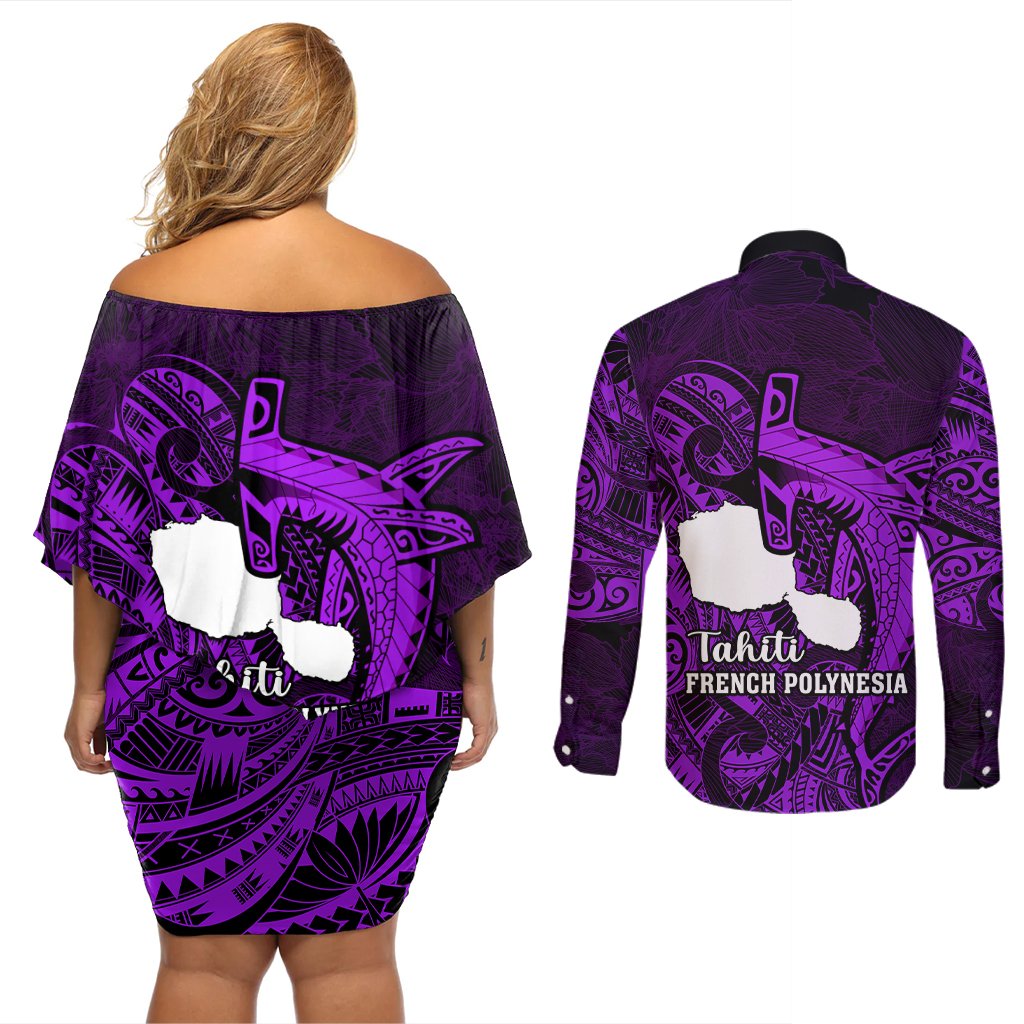 French Polynesia Tahiti Couples Matching Off Shoulder Short Dress and Long Sleeve Button Shirts Polynesian Shark Tattoo With Hibiscus Purple Version LT14 - Polynesian Pride