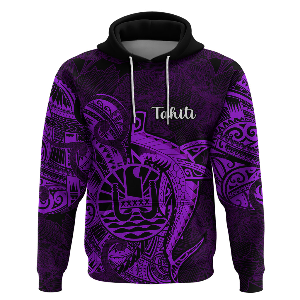 French Polynesia Tahiti Hoodie Polynesian Shark Tattoo With Hibiscus Purple Version LT14 Pullover Hoodie Purple - Polynesian Pride