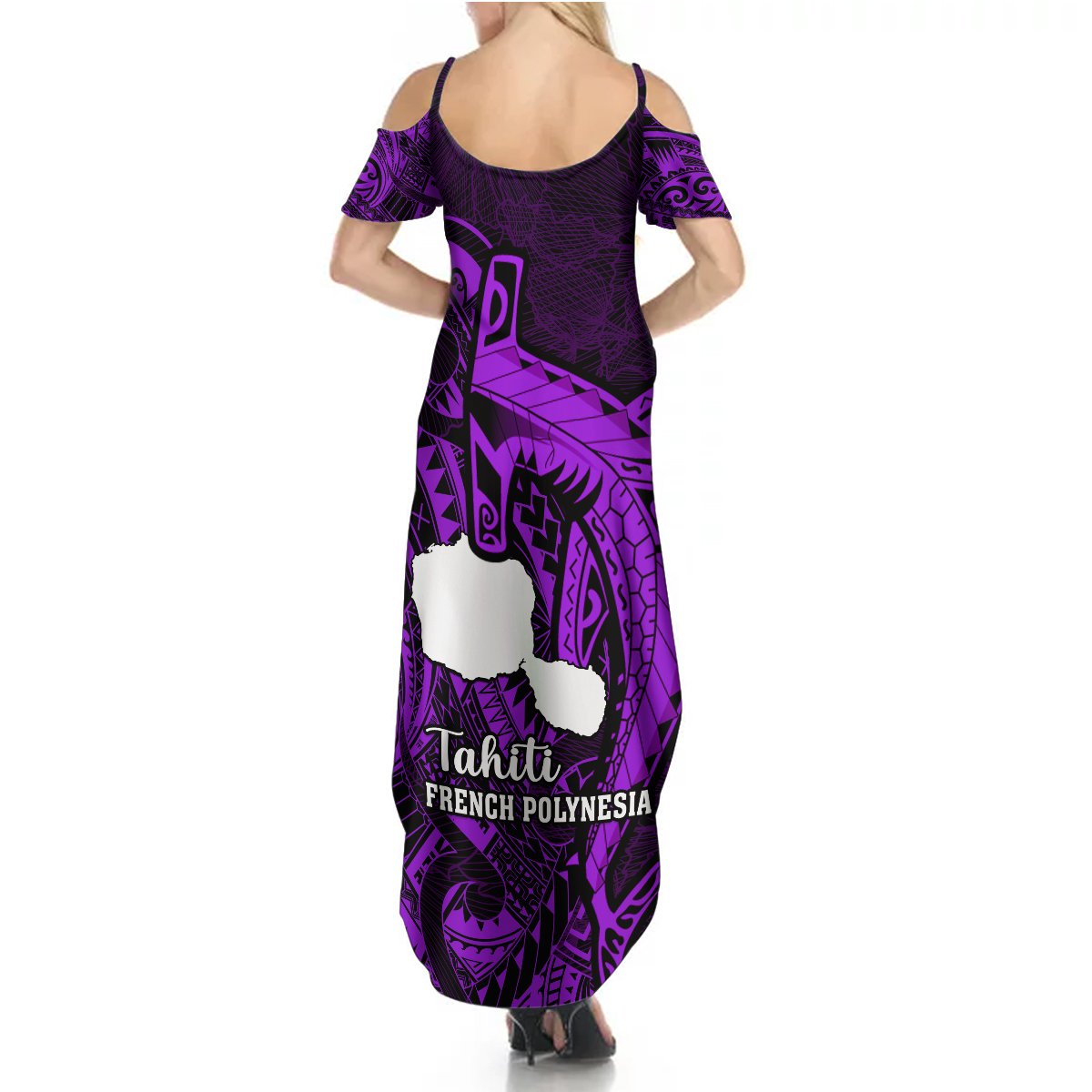 French Polynesia Tahiti Summer Maxi Dress Polynesian Shark Tattoo With Hibiscus Purple Version LT14 - Polynesian Pride