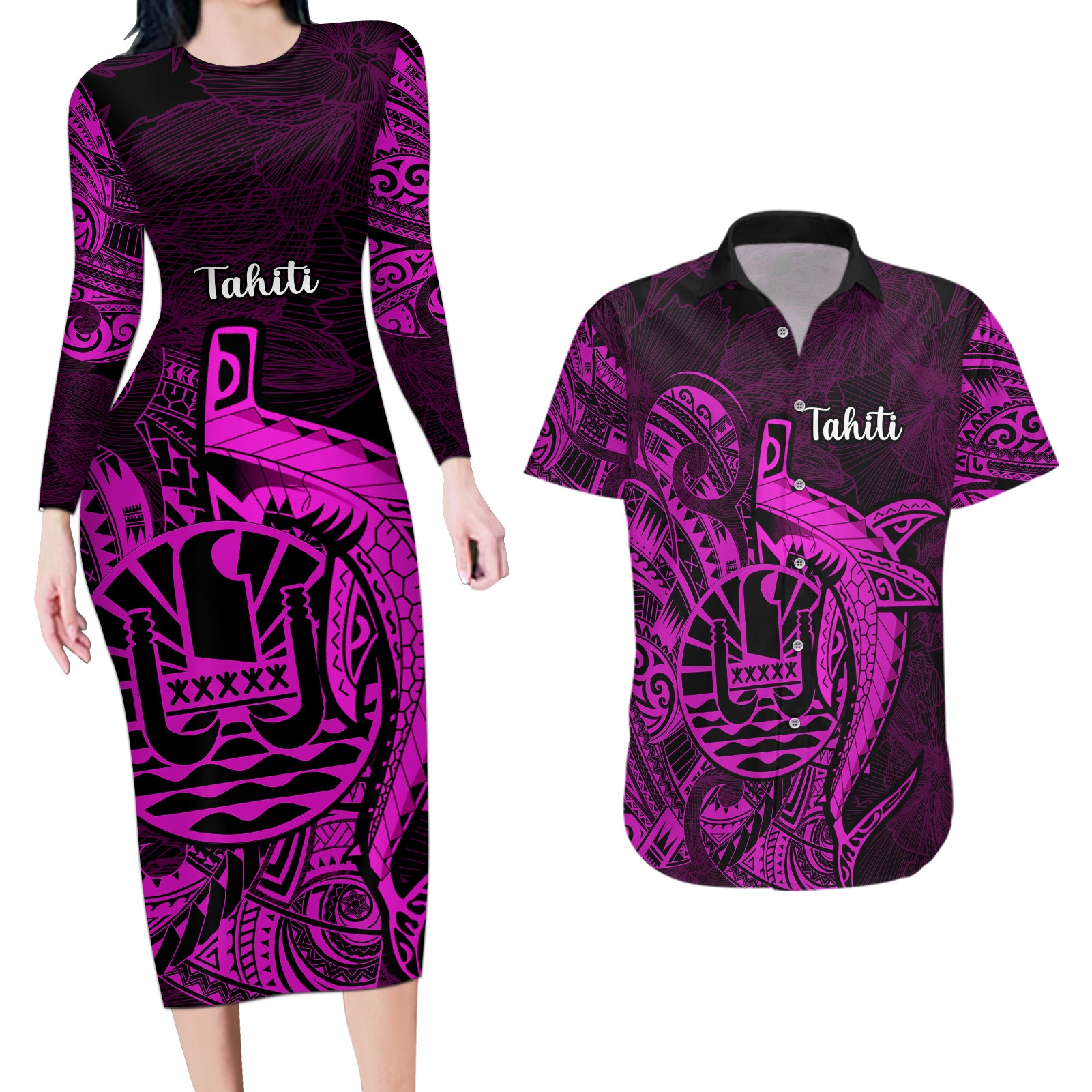 French Polynesia Tahiti Couples Matching Long Sleeve Bodycon Dress and Hawaiian Shirt Polynesian Shark Tattoo With Hibiscus Pink Version LT14 Pink - Polynesian Pride