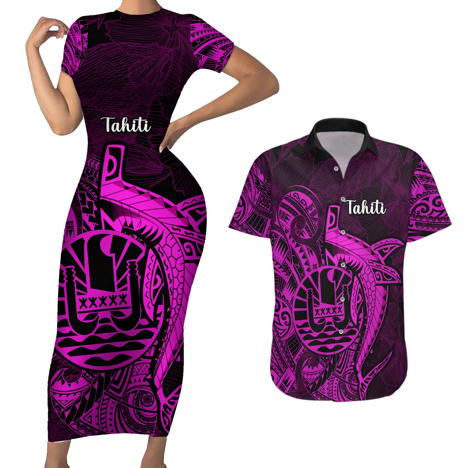 French Polynesia Tahiti Couples Matching Short Sleeve Bodycon Dress and Hawaiian Shirt Polynesian Shark Tattoo With Hibiscus Pink Version LT14 Pink - Polynesian Pride