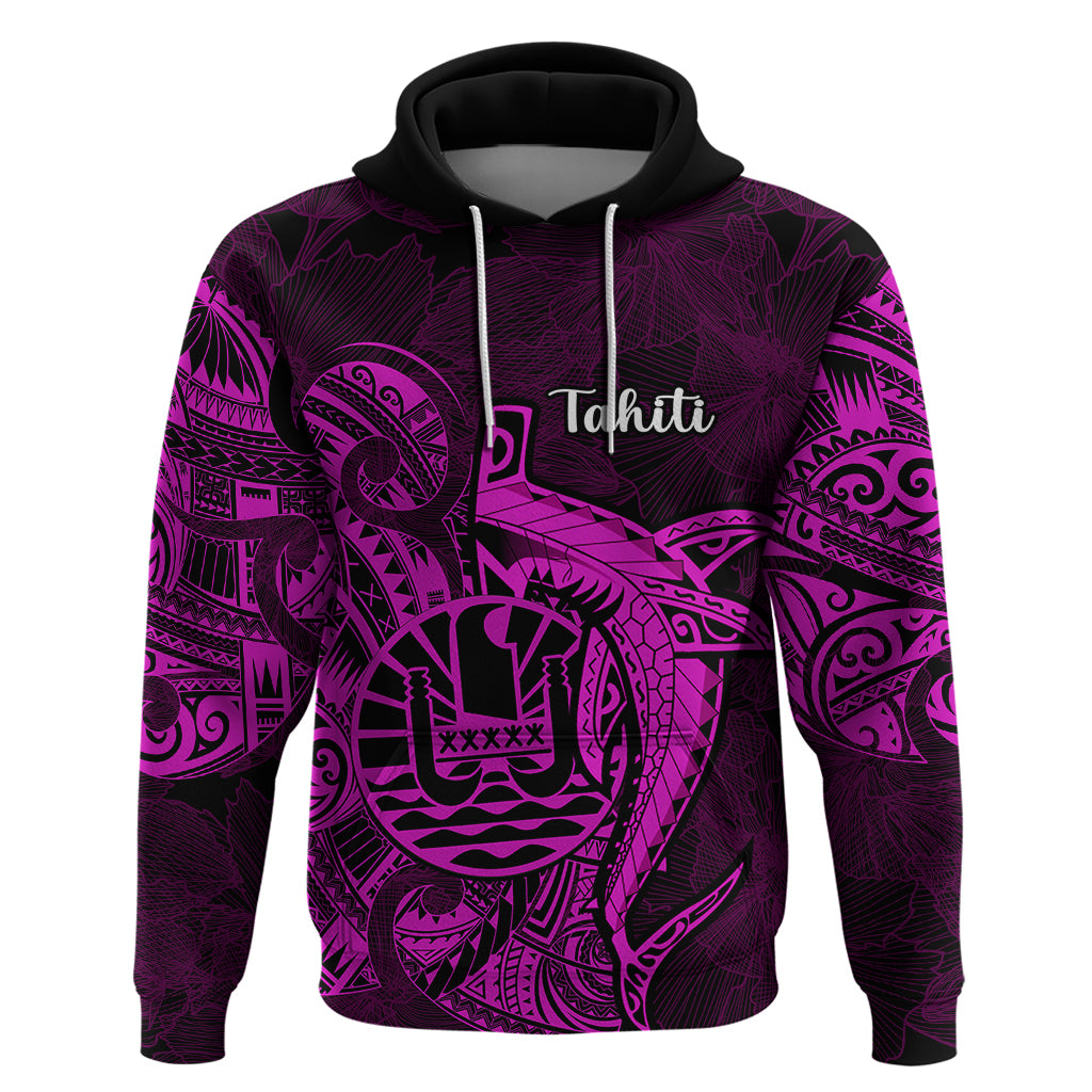 French Polynesia Tahiti Hoodie Polynesian Shark Tattoo With Hibiscus Pink Version LT14 Pullover Hoodie Pink - Polynesian Pride