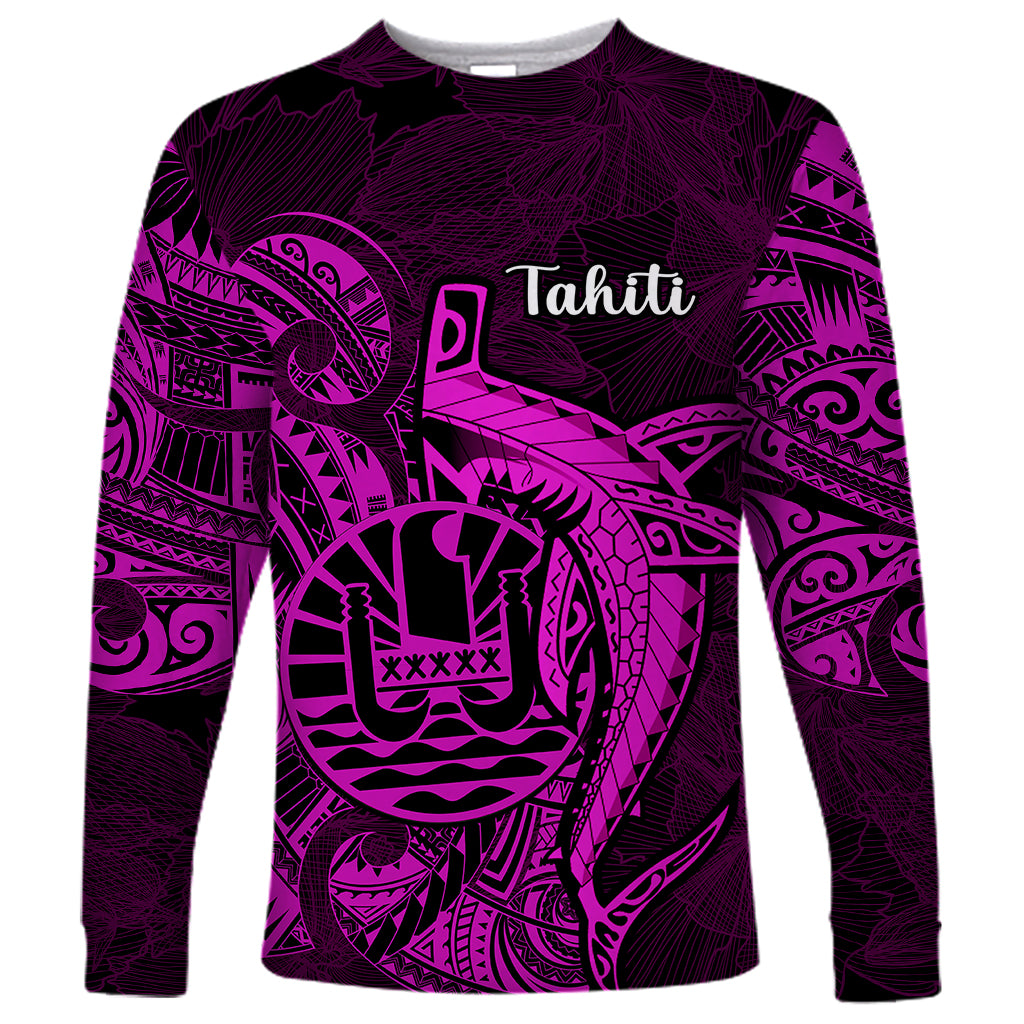 French Polynesia Tahiti Long Sleeve Shirt Polynesian Shark Tattoo With Hibiscus Pink Version LT14 Unisex Pink - Polynesian Pride