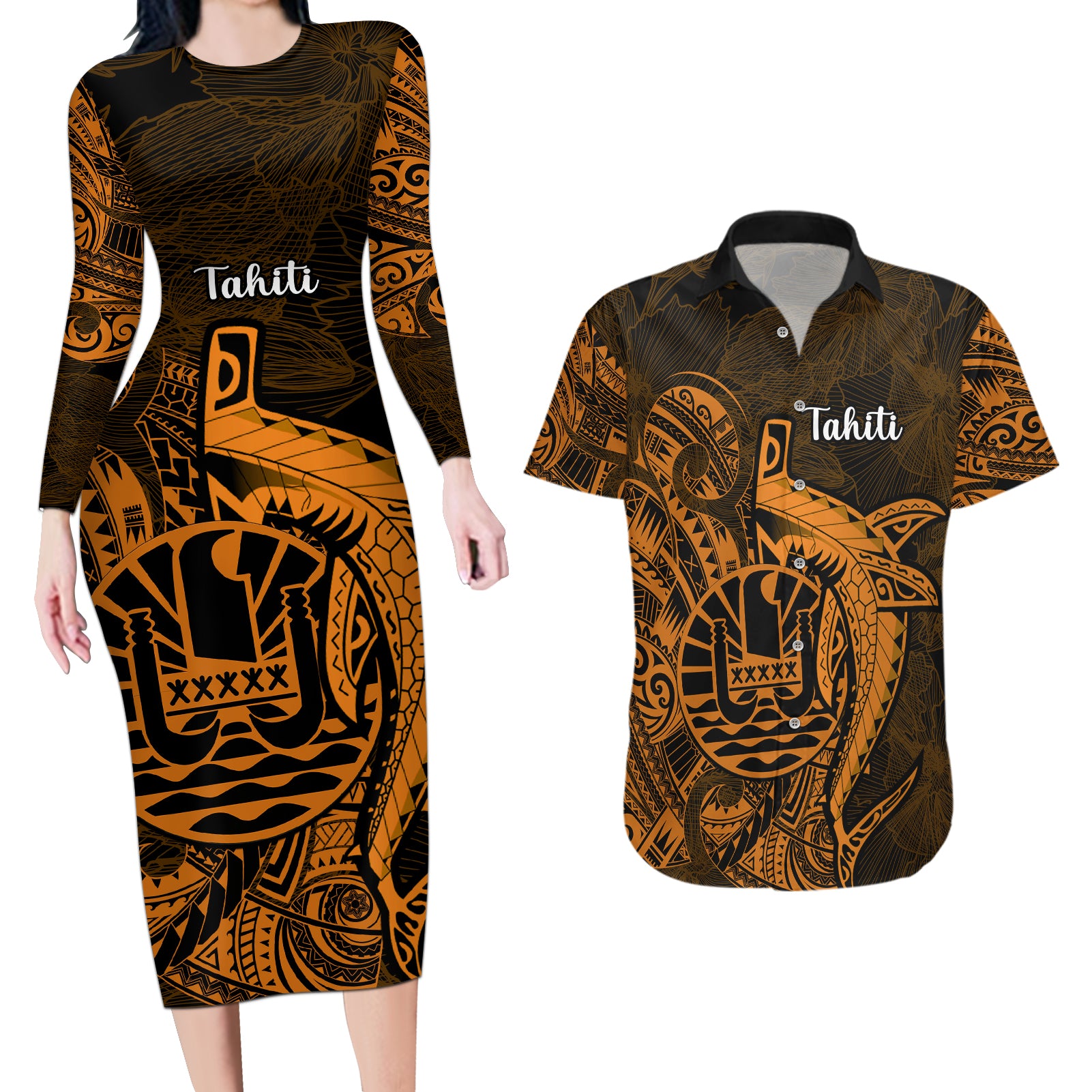 French Polynesia Tahiti Couples Matching Long Sleeve Bodycon Dress and Hawaiian Shirt Polynesian Shark Tattoo With Hibiscus Red Version LT14 Gold - Polynesian Pride