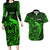 French Polynesia Tahiti Couples Matching Long Sleeve Bodycon Dress and Hawaiian Shirt Polynesian Shark Tattoo With Hibiscus Green Version LT14 Green - Polynesian Pride