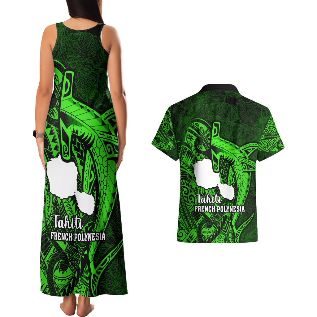 French Polynesia Tahiti Couples Matching Tank Maxi Dress and Hawaiian Shirt Polynesian Shark Tattoo With Hibiscus Green Version LT14 - Polynesian Pride