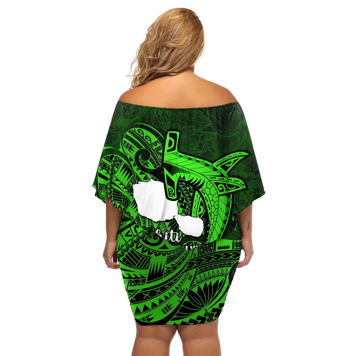 French Polynesia Tahiti Off Shoulder Short Dress Polynesian Shark Tattoo With Hibiscus Green Version LT14 - Polynesian Pride