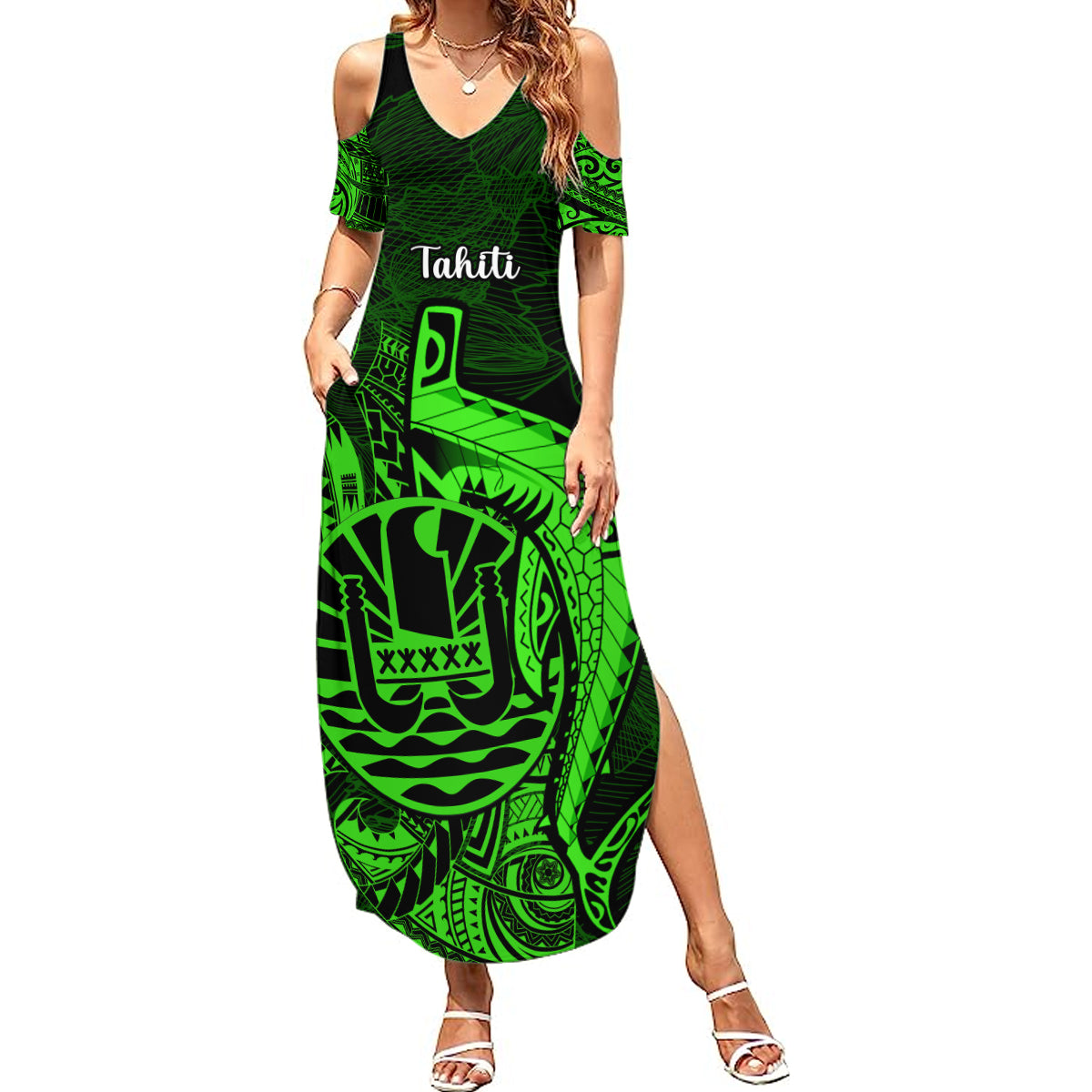 French Polynesia Tahiti Summer Maxi Dress Polynesian Shark Tattoo With Hibiscus Green Version LT14 Women Green - Polynesian Pride