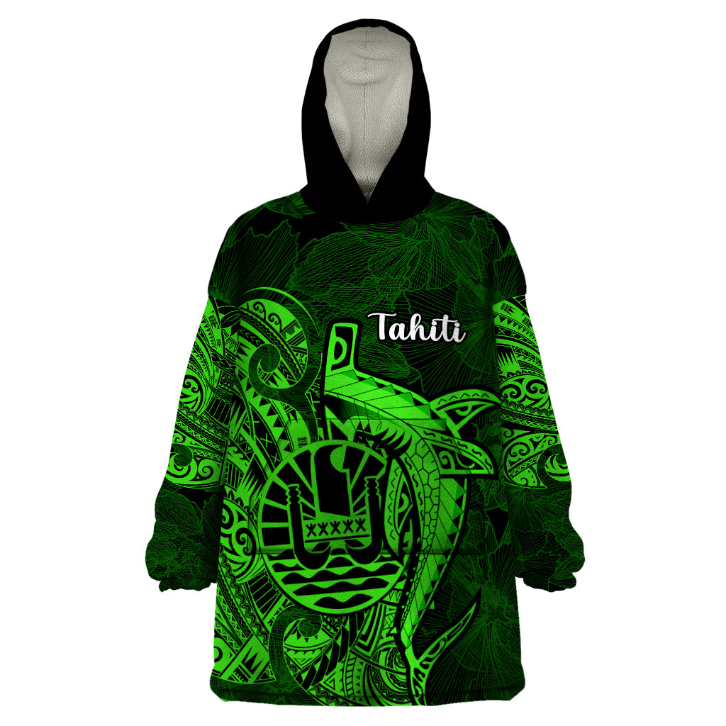 French Polynesia Tahiti Wearable Blanket Hoodie Polynesian Shark Tattoo With Hibiscus Green Version LT14 One Size Green - Polynesian Pride