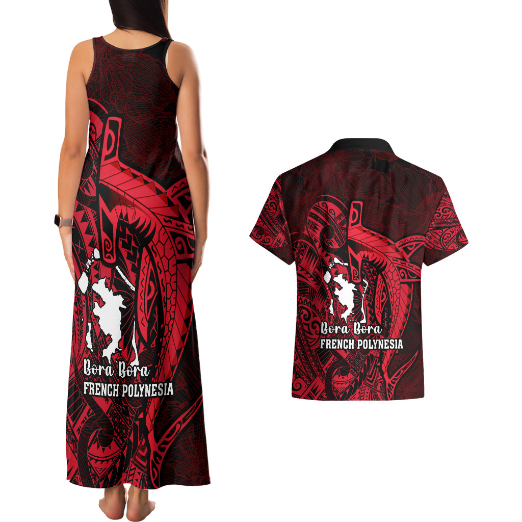 French Polynesia Bora Bora Couples Matching Tank Maxi Dress and Hawaiian Shirt Polynesian Shark Tattoo With Hibiscus Red Version LT14 - Polynesian Pride