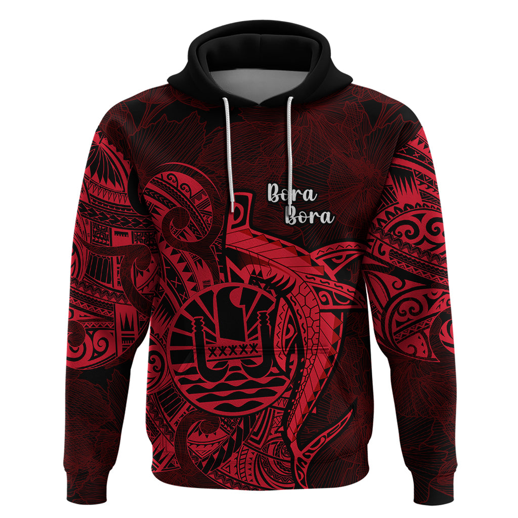 French Polynesia Bora Bora Hoodie Polynesian Shark Tattoo With Hibiscus Red Version LT14 Pullover Hoodie Red - Polynesian Pride