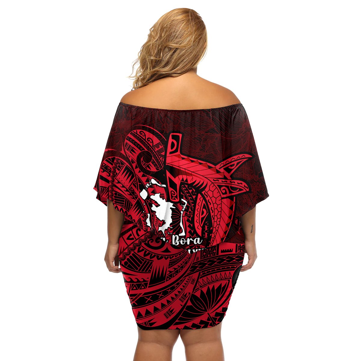 French Polynesia Bora Bora Off Shoulder Short Dress Polynesian Shark Tattoo With Hibiscus Red Version LT14 - Polynesian Pride