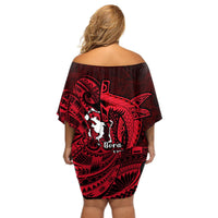 French Polynesia Bora Bora Off Shoulder Short Dress Polynesian Shark Tattoo With Hibiscus Red Version LT14 - Polynesian Pride