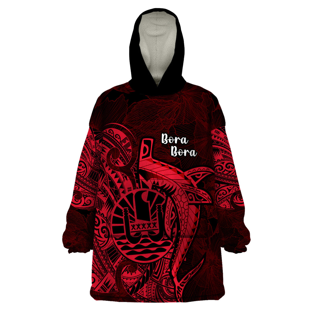 French Polynesia Bora Bora Wearable Blanket Hoodie Polynesian Shark Tattoo With Hibiscus Red Version LT14 One Size Red - Polynesian Pride