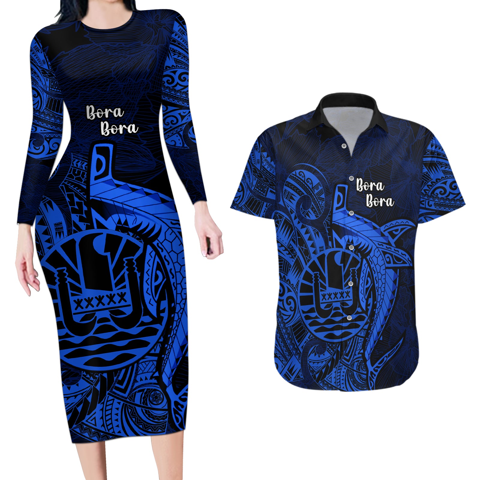 French Polynesia Bora Bora Couples Matching Long Sleeve Bodycon Dress and Hawaiian Shirt Polynesian Shark Tattoo With Hibiscus Blue Version LT14 Blue - Polynesian Pride