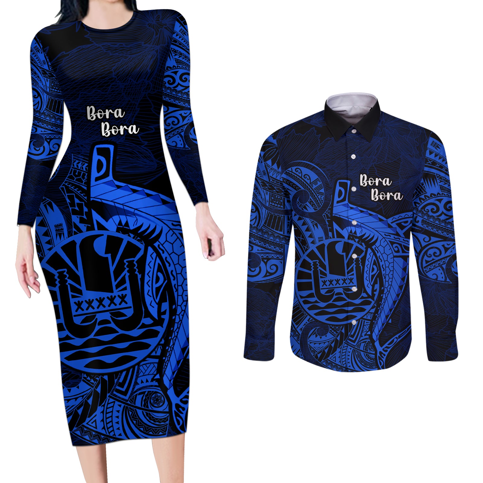 French Polynesia Bora Bora Couples Matching Long Sleeve Bodycon Dress and Long Sleeve Button Shirts Polynesian Shark Tattoo With Hibiscus Blue Version LT14 Blue - Polynesian Pride