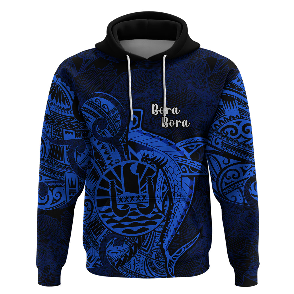 French Polynesia Bora Bora Hoodie Polynesian Shark Tattoo With Hibiscus Blue Version LT14 Pullover Hoodie Blue - Polynesian Pride