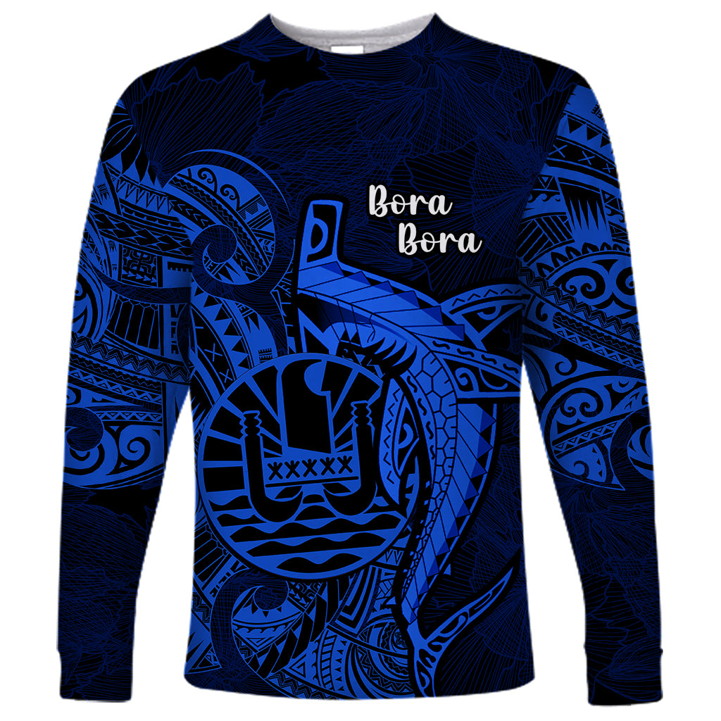 French Polynesia Bora Bora Long Sleeve Shirt Polynesian Shark Tattoo With Hibiscus Blue Version LT14 Unisex Blue - Polynesian Pride