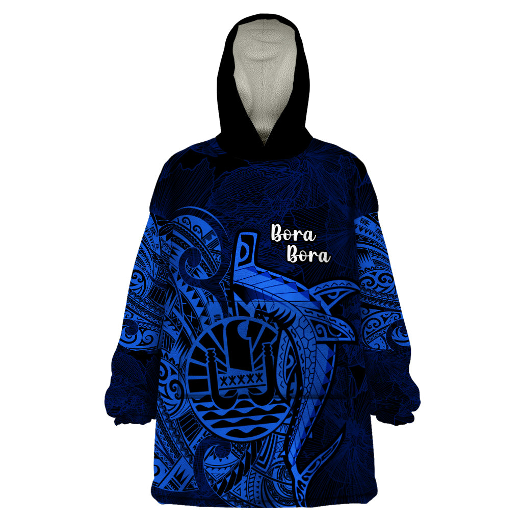 French Polynesia Bora Bora Wearable Blanket Hoodie Polynesian Shark Tattoo With Hibiscus Blue Version LT14 One Size Blue - Polynesian Pride