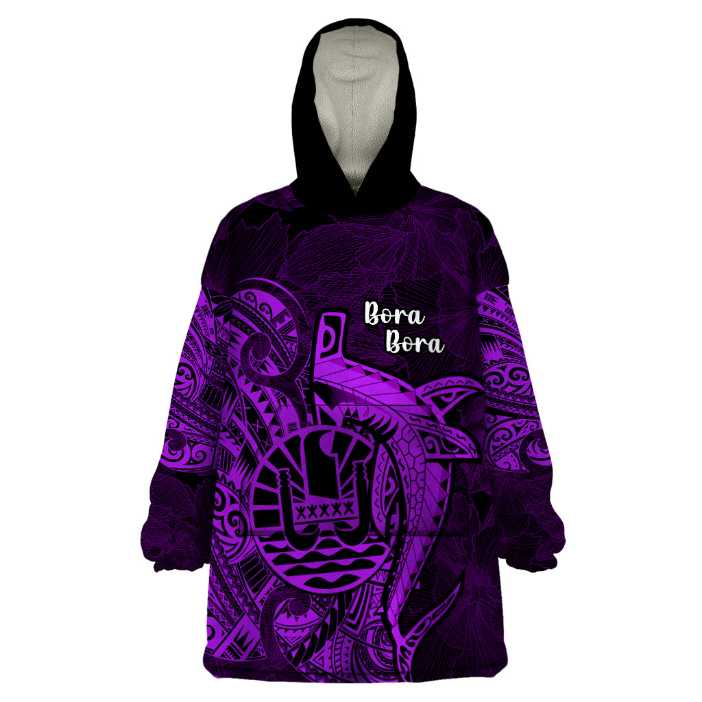 French Polynesia Bora Bora Wearable Blanket Hoodie Polynesian Shark Tattoo With Hibiscus Purple Version LT14 One Size Purple - Polynesian Pride