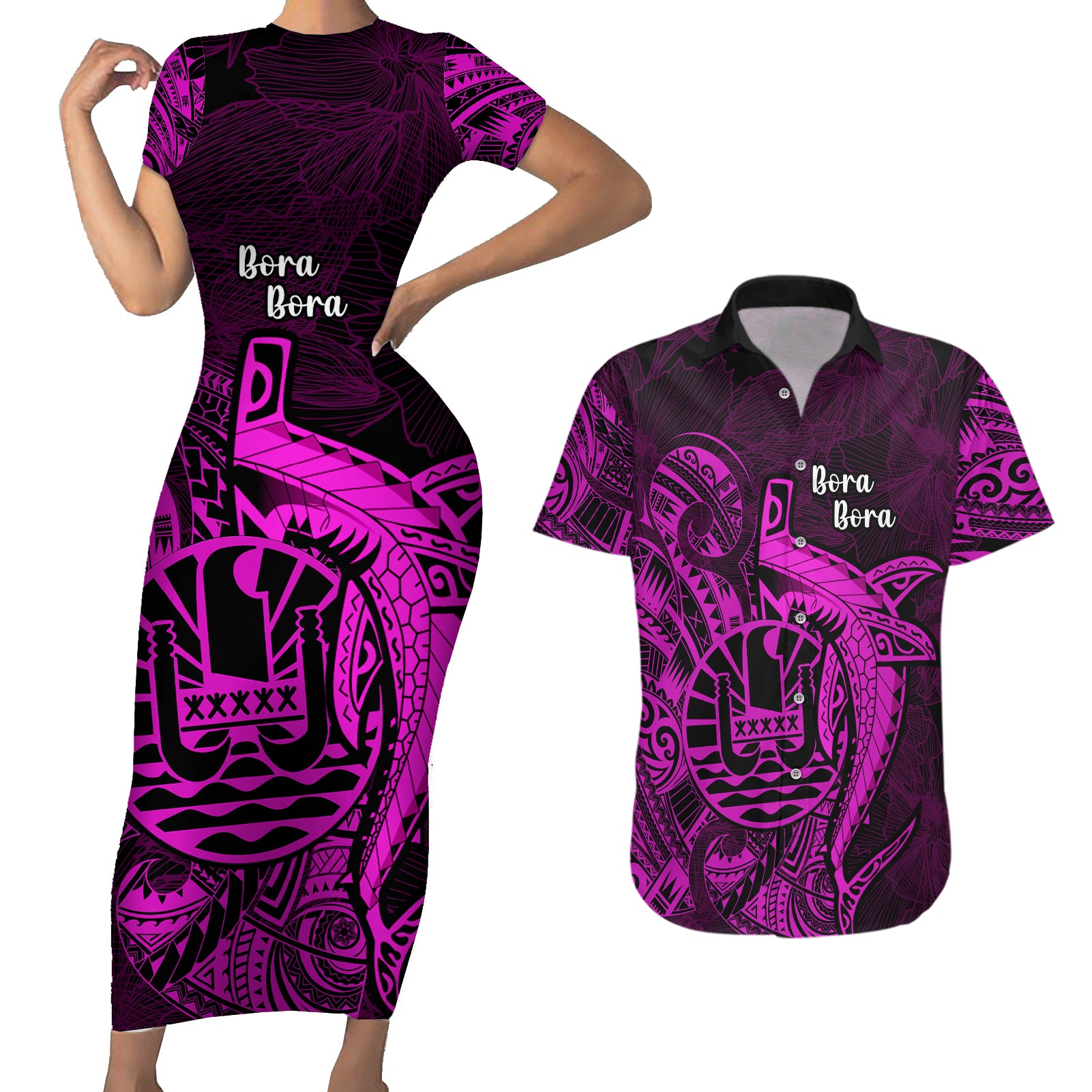 French Polynesia Bora Bora Couples Matching Short Sleeve Bodycon Dress and Hawaiian Shirt Polynesian Shark Tattoo With Hibiscus Pink Version LT14 Pink - Polynesian Pride