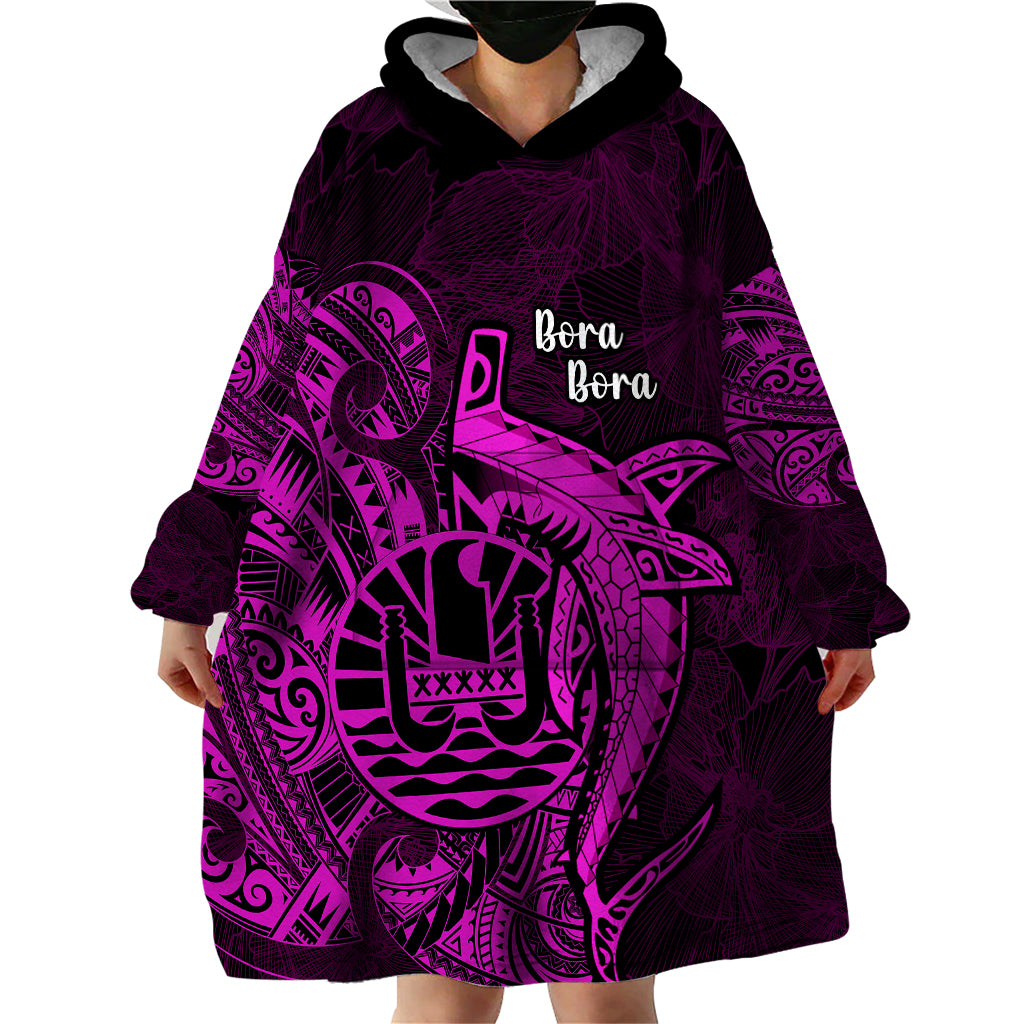 French Polynesia Bora Bora Wearable Blanket Hoodie Polynesian Shark Tattoo With Hibiscus Pink Version LT14 - Polynesian Pride