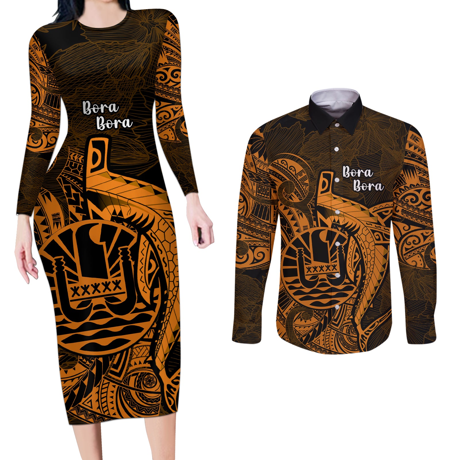 French Polynesia Bora Bora Couples Matching Long Sleeve Bodycon Dress and Long Sleeve Button Shirts Polynesian Shark Tattoo With Hibiscus Red Version LT14 Gold - Polynesian Pride