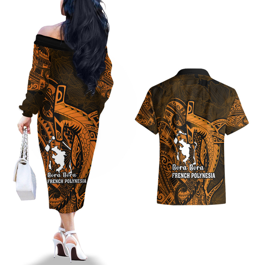 French Polynesia Bora Bora Couples Matching Off The Shoulder Long Sleeve Dress and Hawaiian Shirt Polynesian Shark Tattoo With Hibiscus Red Version LT14 - Polynesian Pride