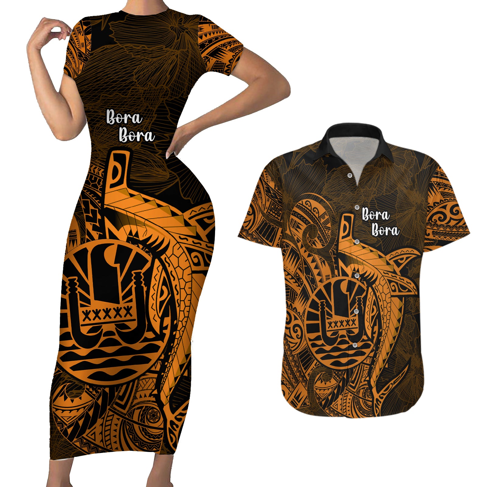 French Polynesia Bora Bora Couples Matching Short Sleeve Bodycon Dress and Hawaiian Shirt Polynesian Shark Tattoo With Hibiscus Red Version LT14 Gold - Polynesian Pride