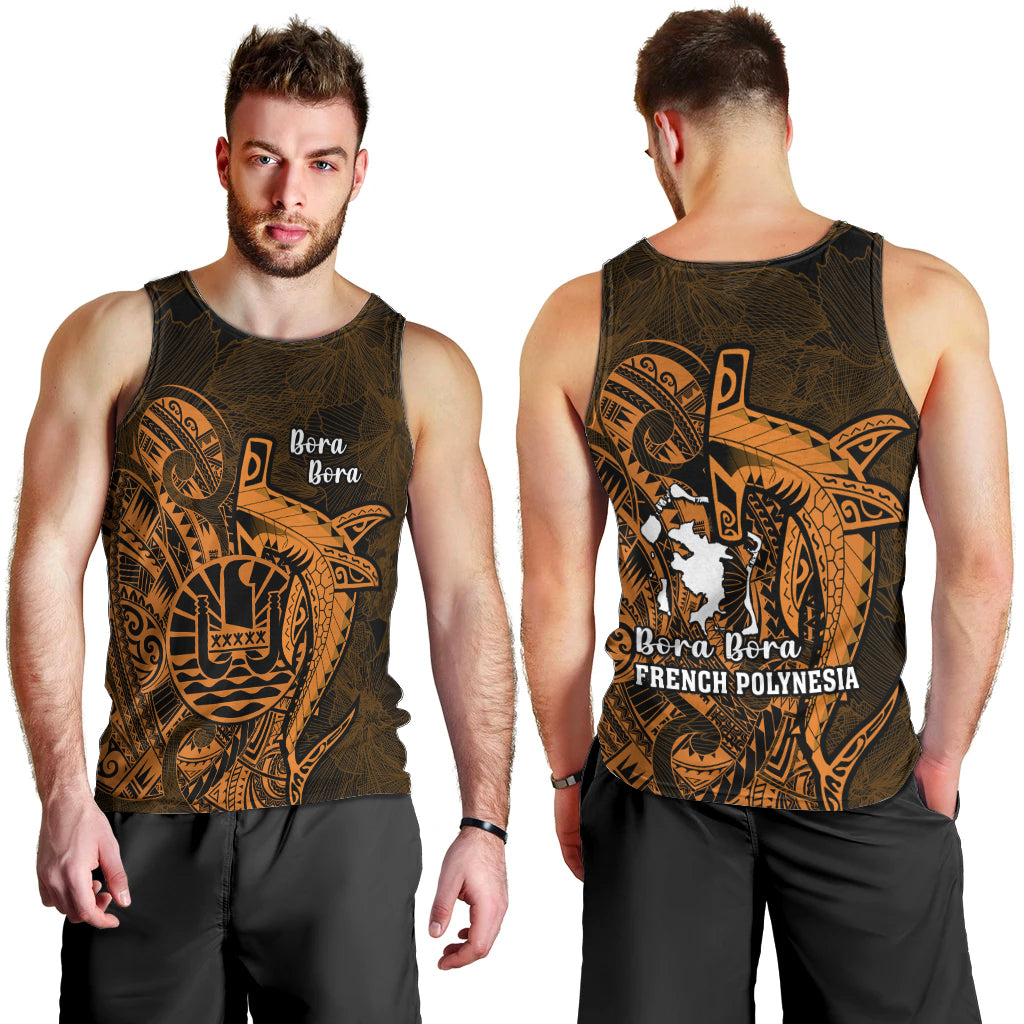 French Polynesia Bora Bora Men Tank Top Polynesian Shark Tattoo With Hibiscus Red Version LT14 - Polynesian Pride