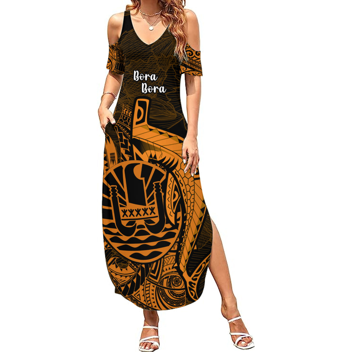 French Polynesia Bora Bora Summer Maxi Dress Polynesian Shark Tattoo With Hibiscus Red Version LT14 Women Gold - Polynesian Pride