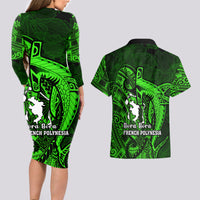 French Polynesia Bora Bora Couples Matching Long Sleeve Bodycon Dress and Hawaiian Shirt Polynesian Shark Tattoo With Hibiscus Green Version LT14 - Polynesian Pride