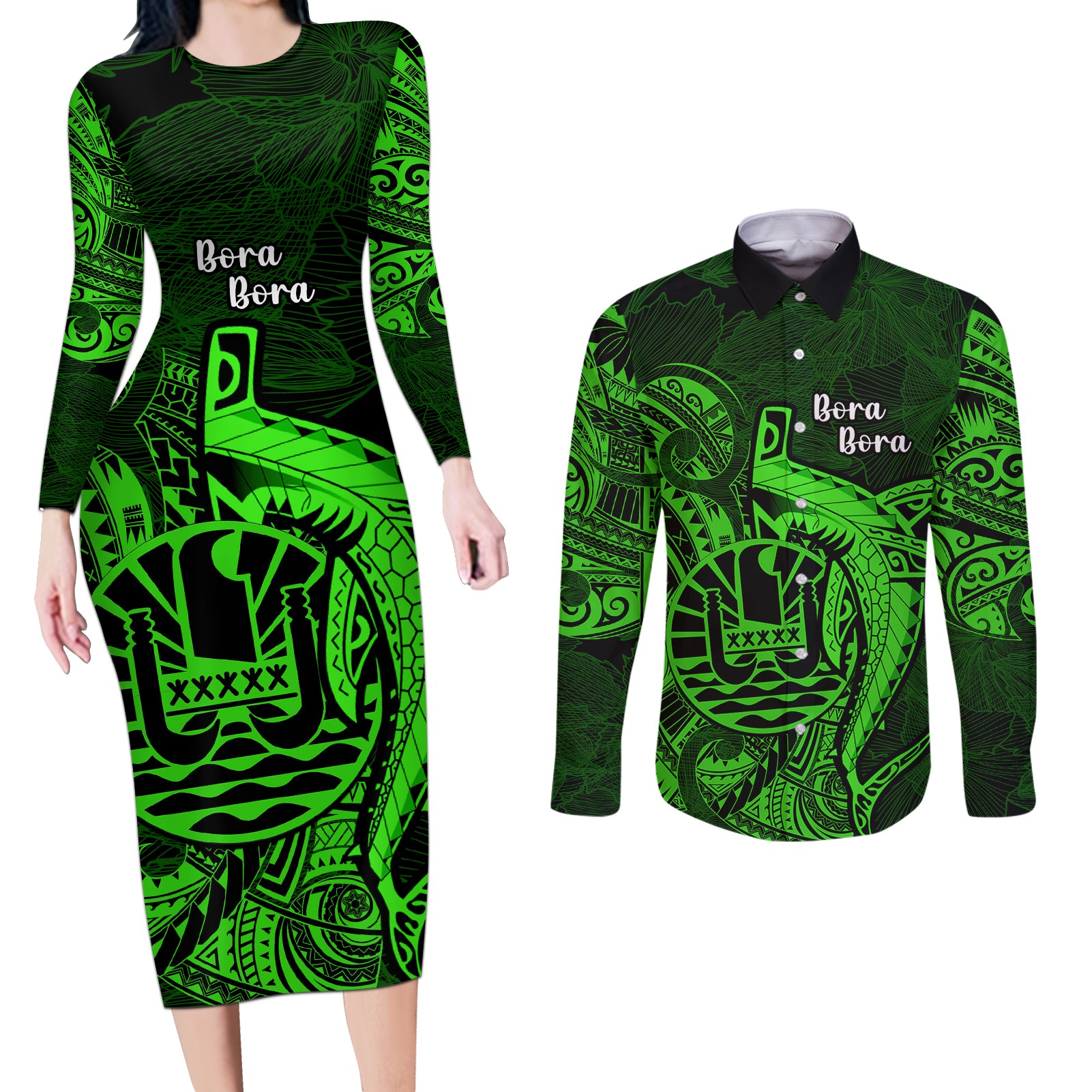 French Polynesia Bora Bora Couples Matching Long Sleeve Bodycon Dress and Long Sleeve Button Shirts Polynesian Shark Tattoo With Hibiscus Green Version LT14 Green - Polynesian Pride