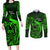 French Polynesia Bora Bora Couples Matching Long Sleeve Bodycon Dress and Long Sleeve Button Shirts Polynesian Shark Tattoo With Hibiscus Green Version LT14 Green - Polynesian Pride