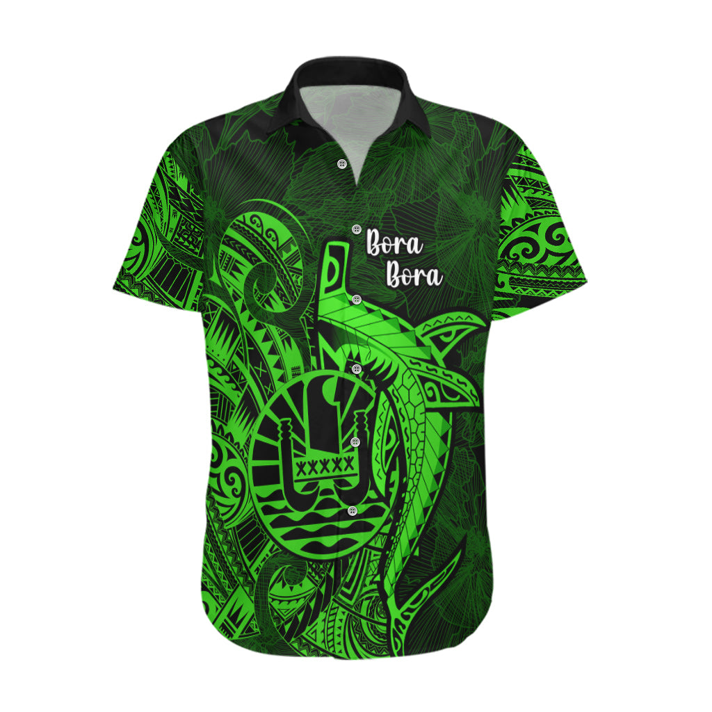 French Polynesia Bora Bora Hawaiian Shirt Polynesian Shark Tattoo With Hibiscus Green Version LT14 Green - Polynesian Pride