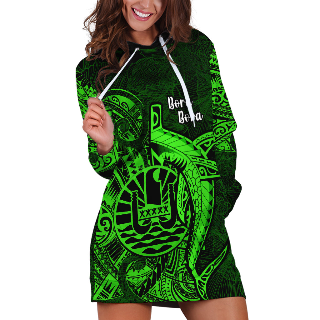 French Polynesia Bora Bora Hoodie Dress Polynesian Shark Tattoo With Hibiscus Green Version LT14 Green - Polynesian Pride