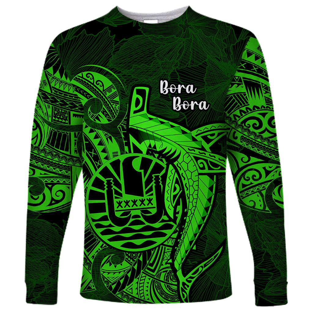 French Polynesia Bora Bora Long Sleeve Shirt Polynesian Shark Tattoo With Hibiscus Green Version LT14 Unisex Green - Polynesian Pride