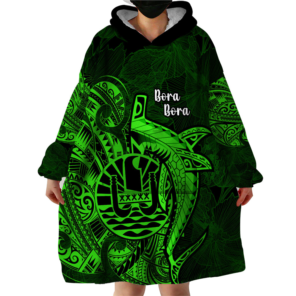French Polynesia Bora Bora Wearable Blanket Hoodie Polynesian Shark Tattoo With Hibiscus Green Version LT14 - Polynesian Pride