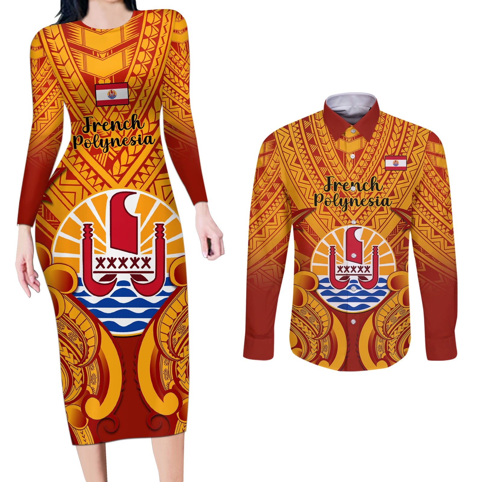 Personalised French Polynesia Couples Matching Long Sleeve Bodycon Dress and Long Sleeve Button Shirts Coat Of Arms With Polynesian Plumeria LT14 Red - Polynesian Pride