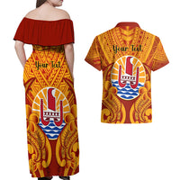 Personalised French Polynesia Couples Matching Off Shoulder Maxi Dress and Hawaiian Shirt Coat Of Arms With Polynesian Plumeria LT14 - Polynesian Pride