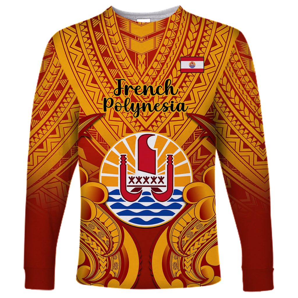 Personalised French Polynesia Long Sleeve Shirt Coat Of Arms With Polynesian Plumeria LT14 Unisex Red - Polynesian Pride